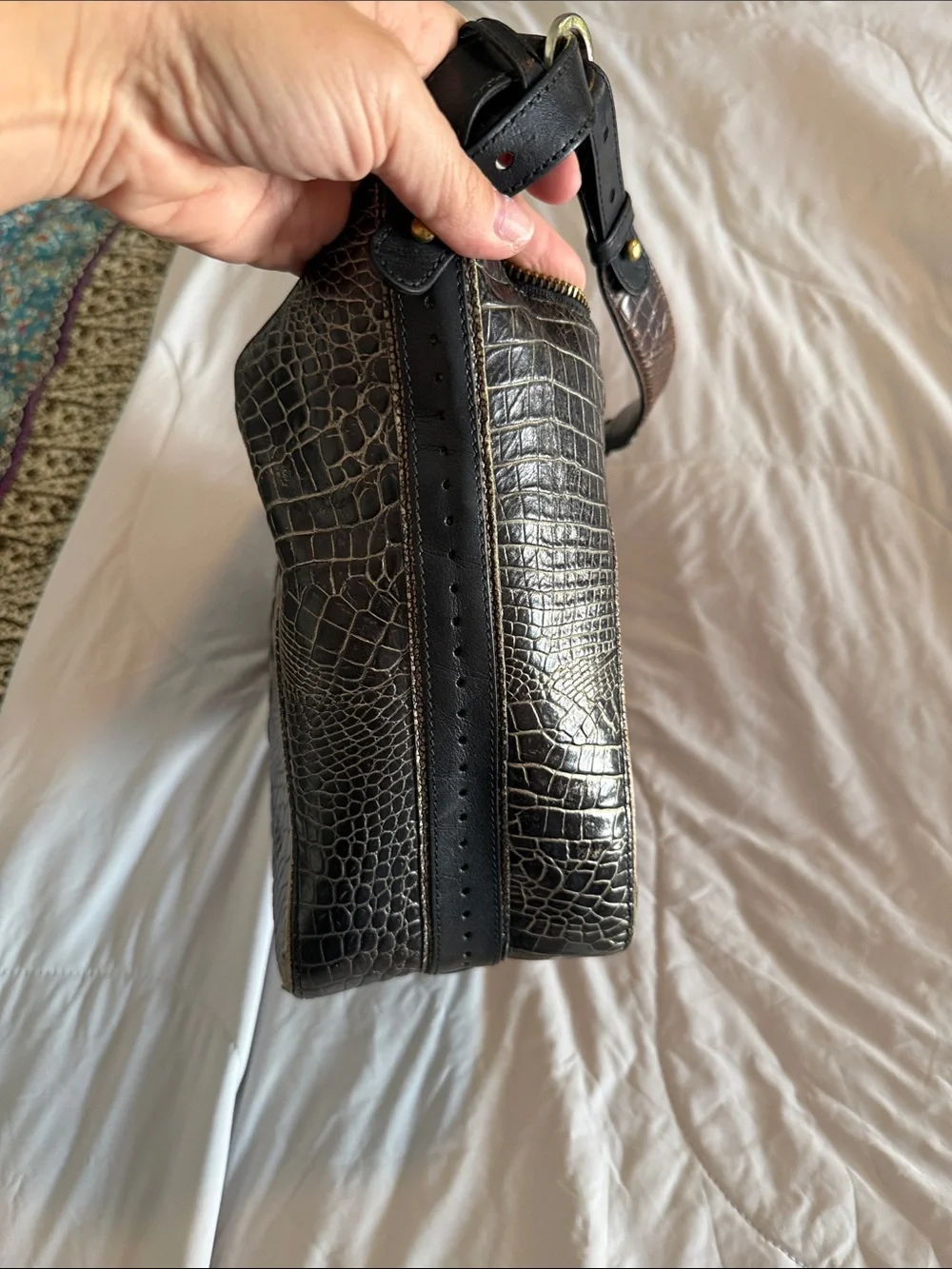 Brahmin Black Croc-Embossed Hobo Shoulder Bag